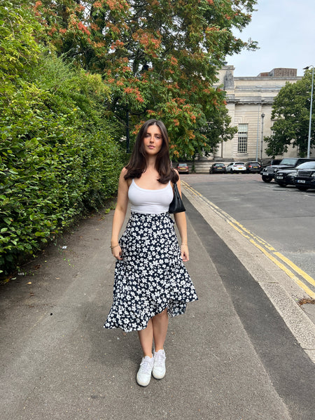 Girstunm Women's Pleated Vintage Floral Print Midi Skirt - A-Line With Pockets, Black White Dot, X-Small - View #6
