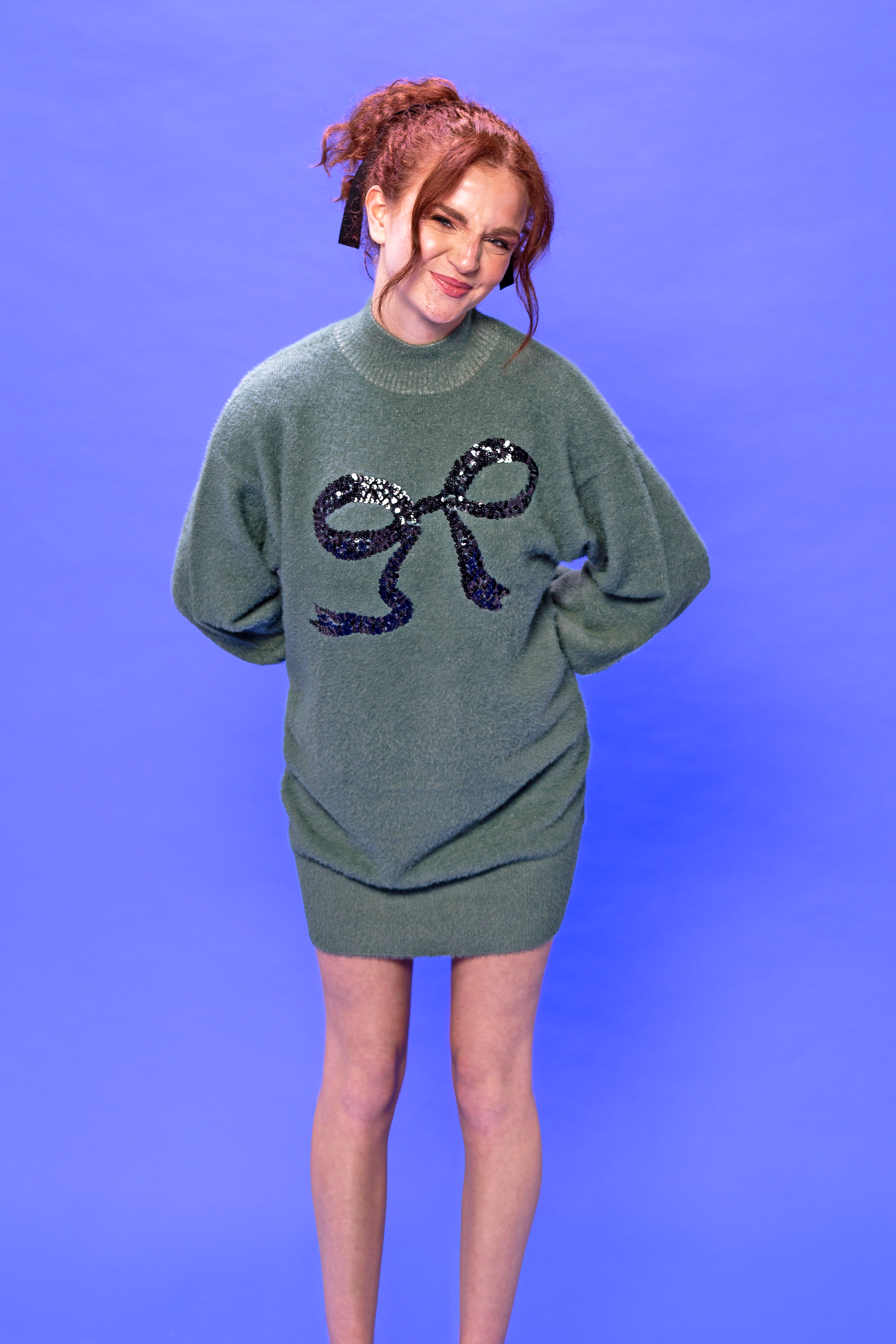 Green Sequin Bow Fluffy Jumper Dress