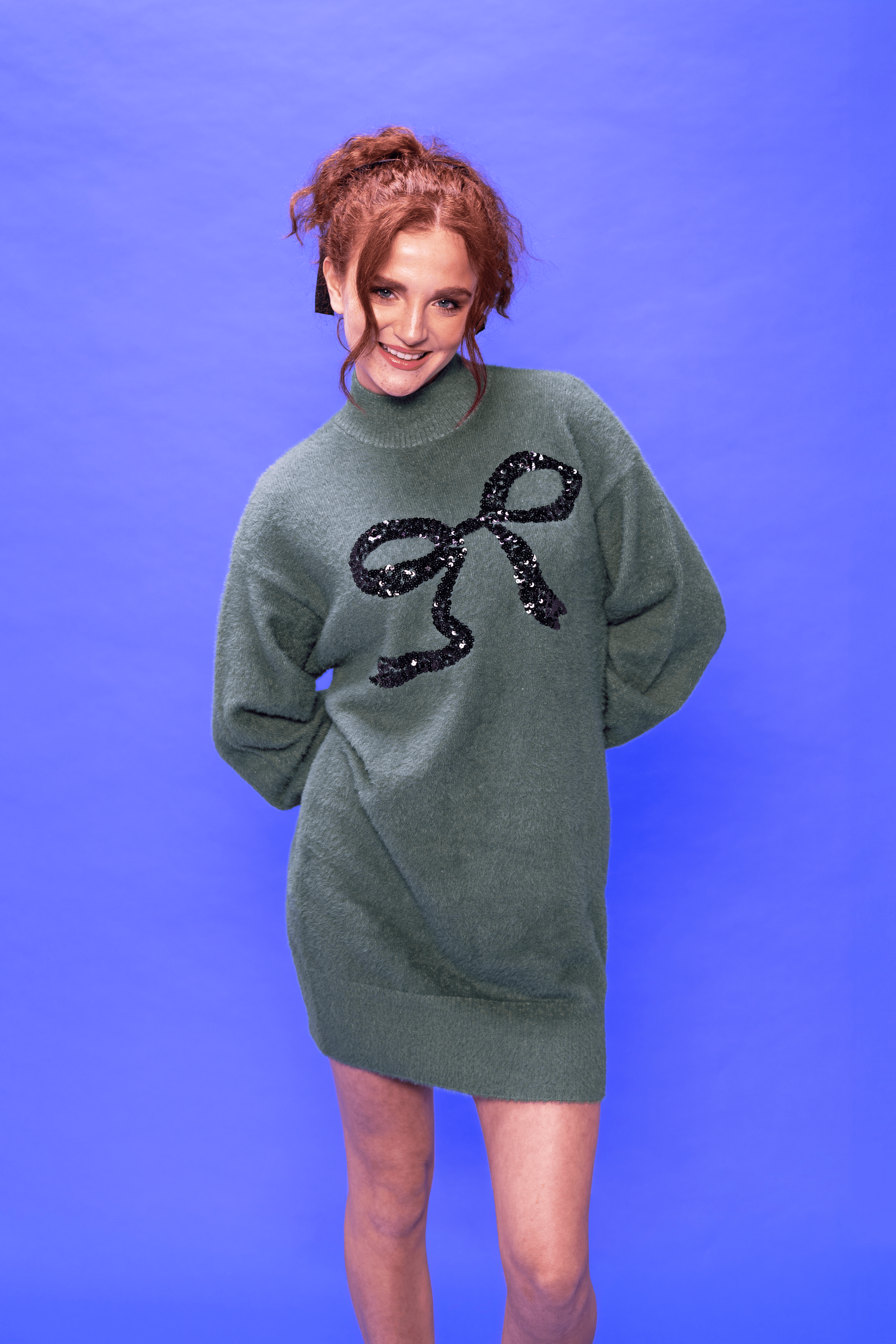 Green Sequin Bow Fluffy Jumper Dress