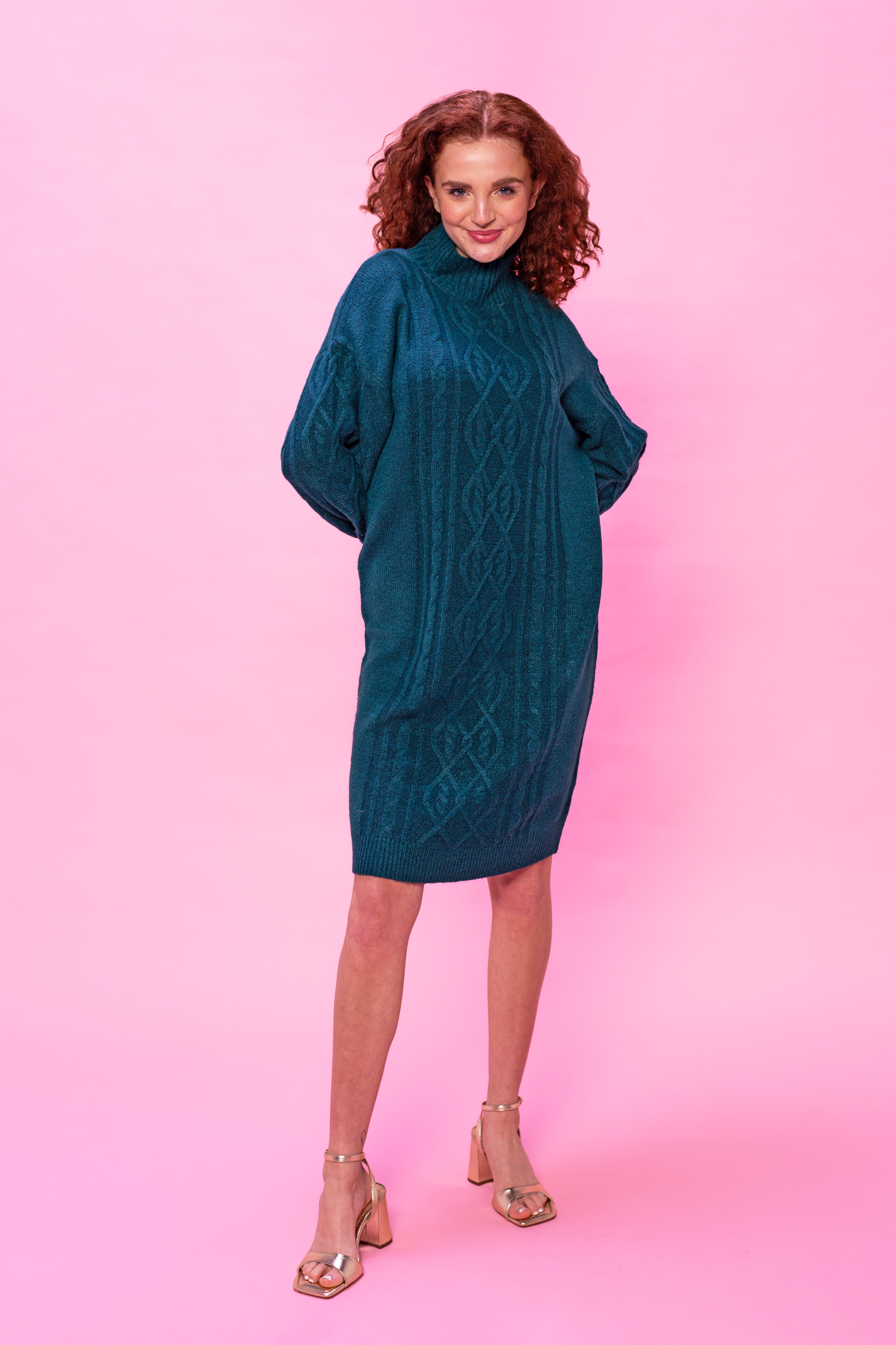 cable knit dress uk Teal Dusk Cable Knit Midi Jumper Dress