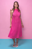 Hot Pink Pointelle Tie-Shoulder Midi Dress