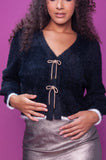 Crystal Bow Black Fluffy Cardigan