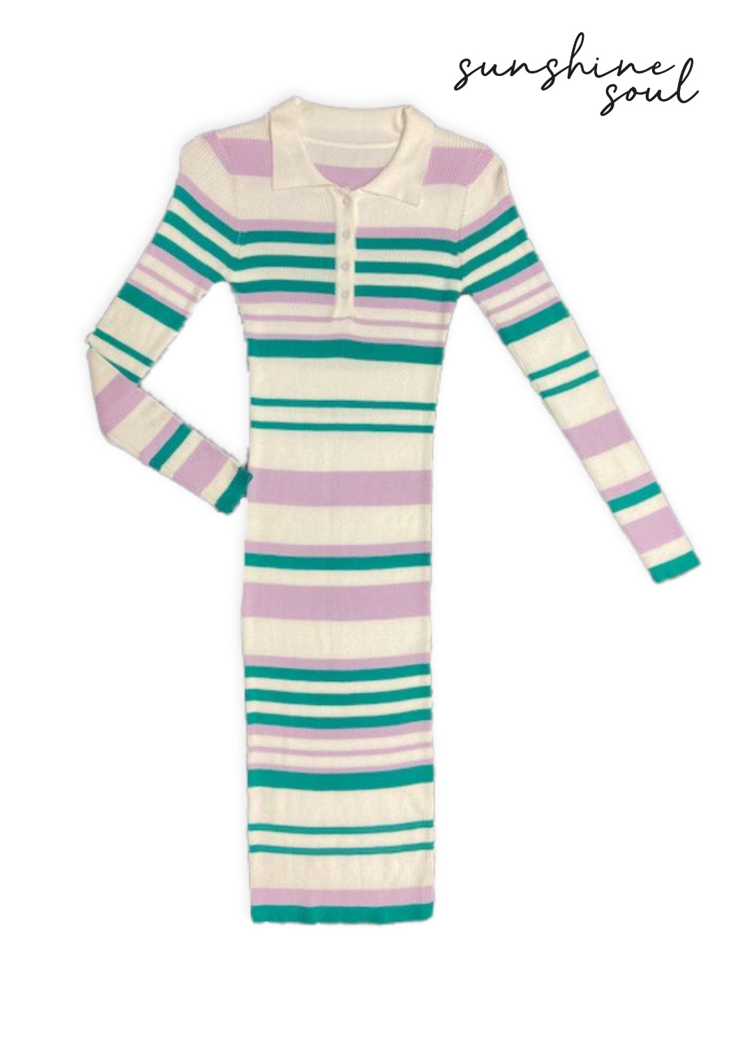Green and Purple Stripe Polo Bodycon Midi Dress