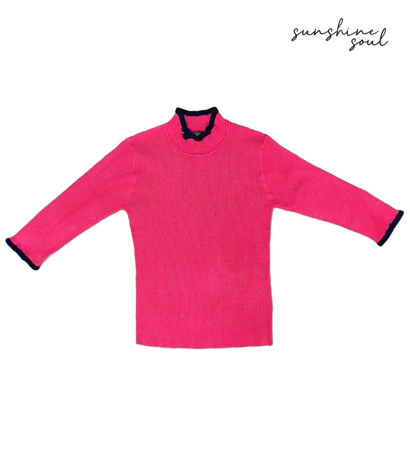 Pink High Neck with Navy Trim Ribbed Top