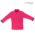 Pink High Neck with Navy Trim Ribbed Top