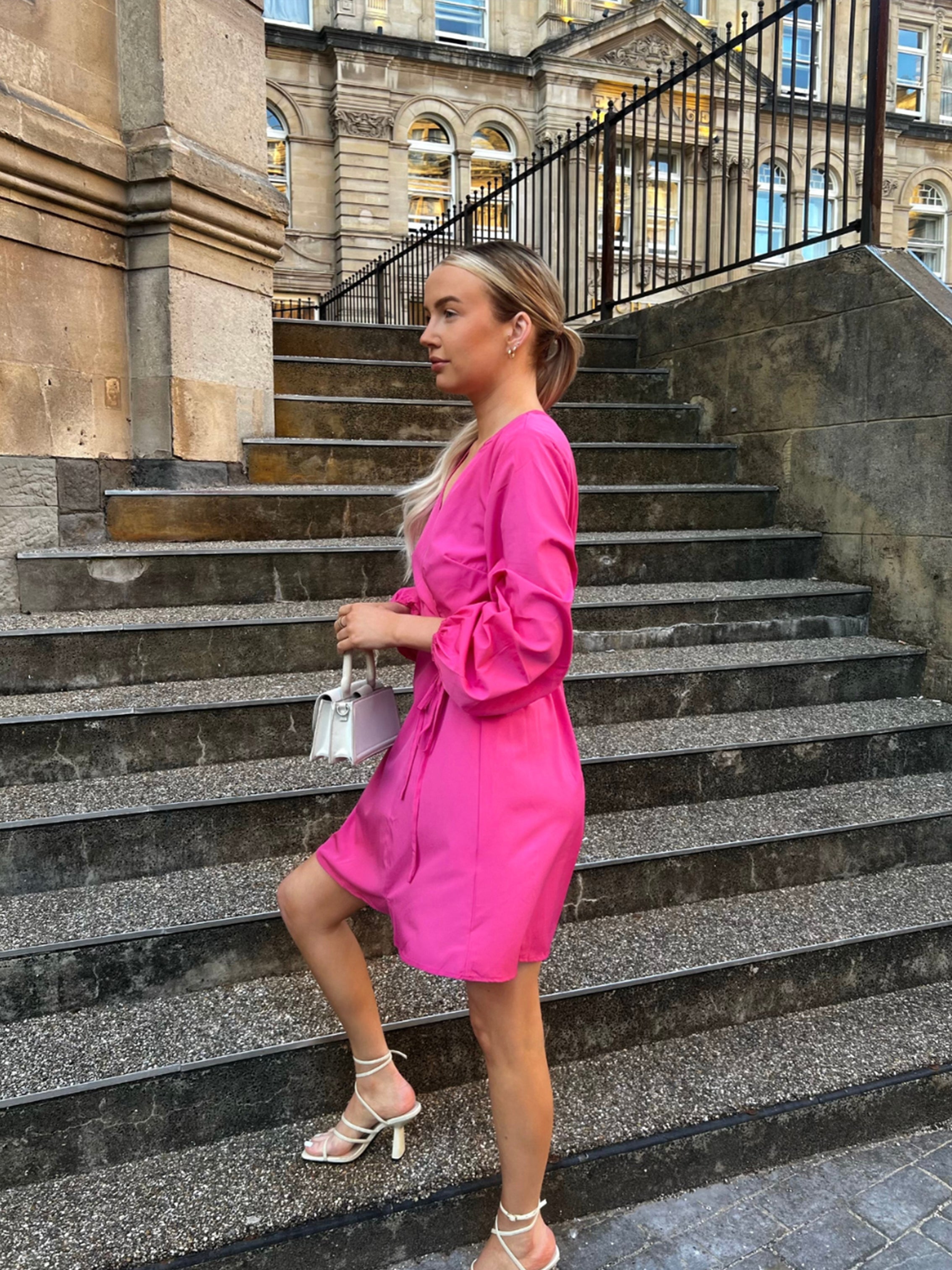 Pink Wrap Dress Mini Light Pink Silk Wrap Mini Dress, Bracelet Sleeves, Prom And Garden Look Pink Wrap Dress Mini Light Pink Silk Wrap Mini Dress, Bracelet Sleeves, Prom And Garden Look