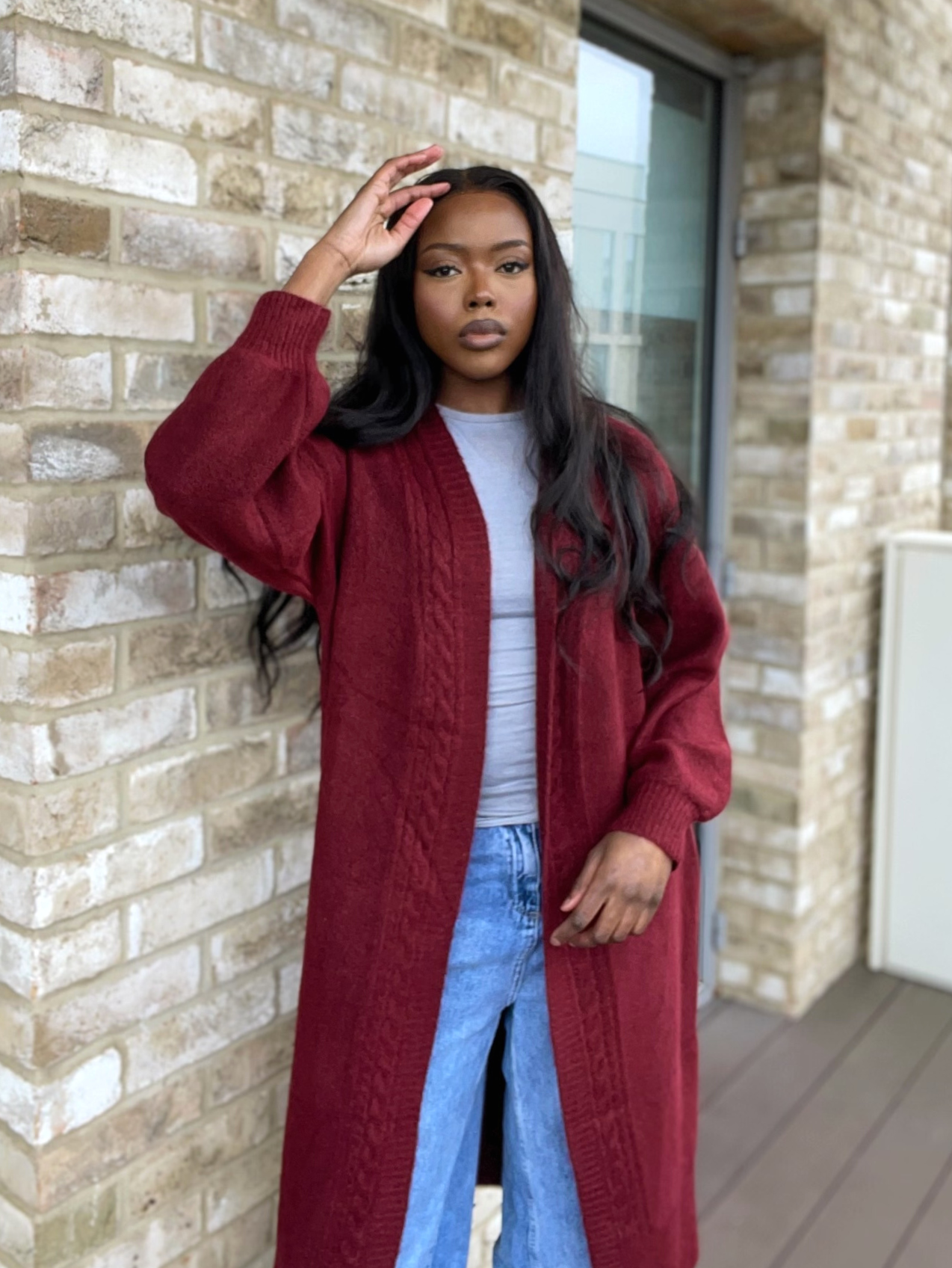 Red top long cardigan